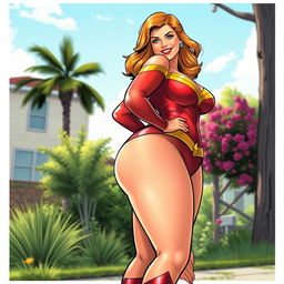 A stunning full body illustration of Mary Marvel from DC Comics, depicted outdoors with her striking, curvy figure