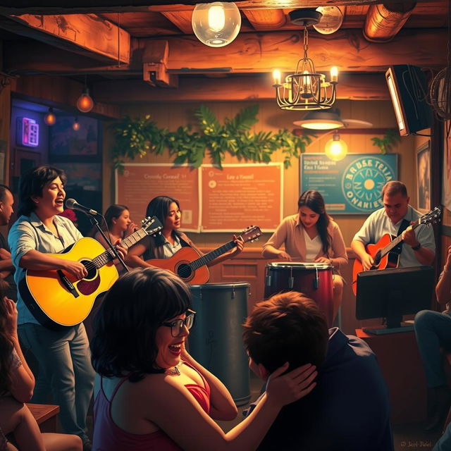 A vibrant and atmospheric depiction of a lively musical performance featuring a talented band playing a balada in a cozy bar setting