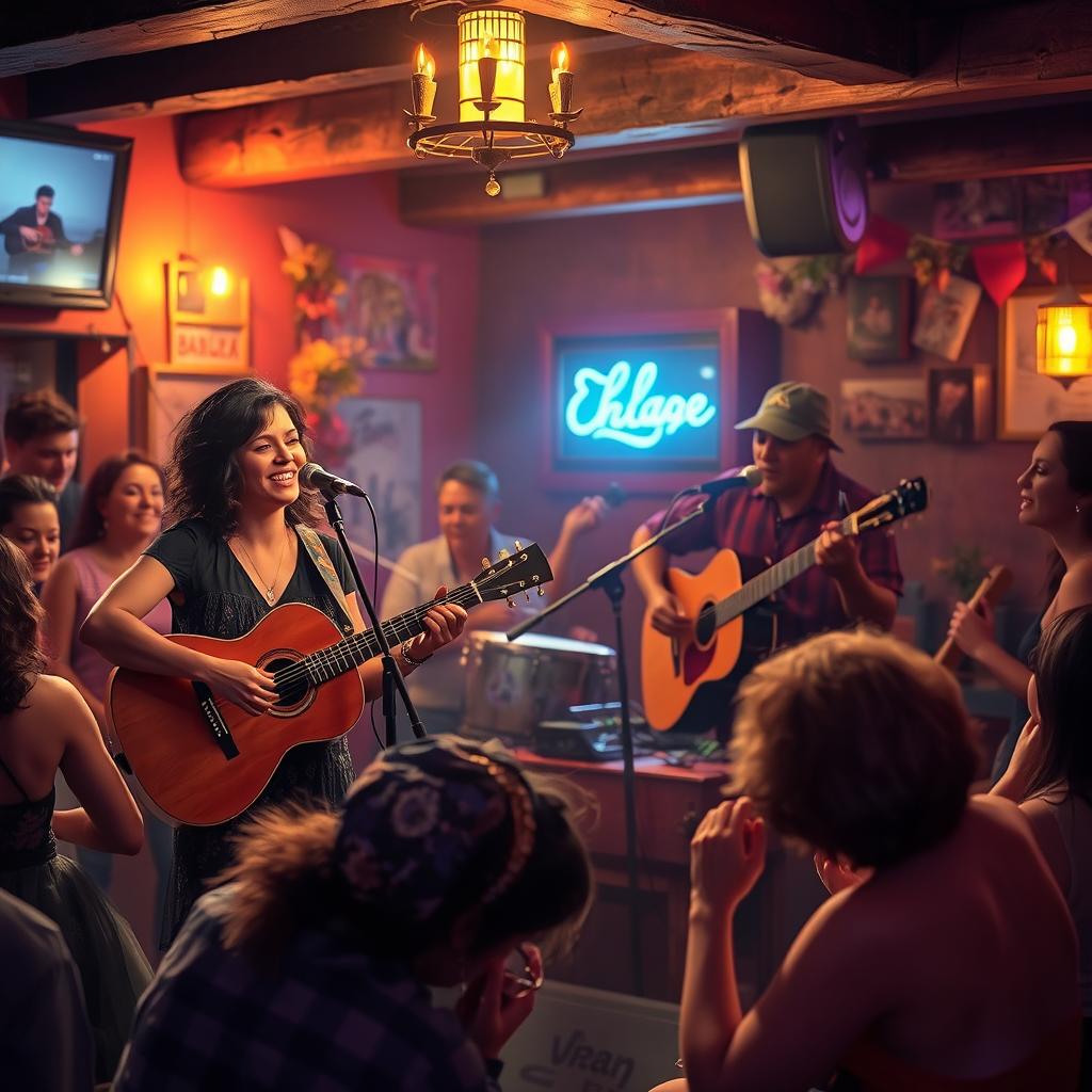 A vibrant and atmospheric depiction of a lively musical performance featuring a talented band playing a balada in a cozy bar setting