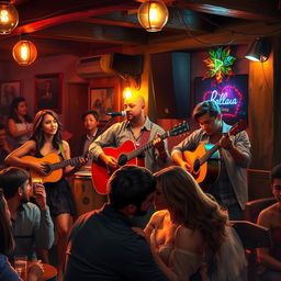 A vibrant and atmospheric depiction of a lively musical performance featuring a talented band playing a balada in a cozy bar setting