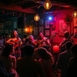 A vibrant and atmospheric depiction of a lively musical performance featuring a talented band playing a balada in a cozy bar setting