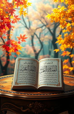 A beautiful artistic scene depicting an Arabic book titled 'شراب قيقب' (Maple Syrup) on an ornate wooden table