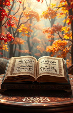 A beautiful artistic scene depicting an Arabic book titled 'شراب قيقب' (Maple Syrup) on an ornate wooden table