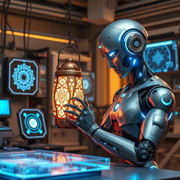 A futuristic AI robot skillfully crafting a lantern in a high-tech workshop filled with advanced tools and glowing screens