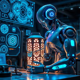 A futuristic AI robot skillfully crafting a lantern in a high-tech workshop filled with advanced tools and glowing screens