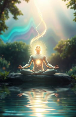 An ethereal scene depicting a radiant figure meditating in a tranquil environment, surrounded by lush greenery and soft glowing light
