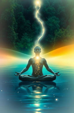 An ethereal scene depicting a radiant figure meditating in a tranquil environment, surrounded by lush greenery and soft glowing light