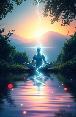 An ethereal scene depicting a radiant figure meditating in a tranquil environment, surrounded by lush greenery and soft glowing light