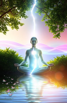 An ethereal scene depicting a radiant figure meditating in a tranquil environment, surrounded by lush greenery and soft glowing light