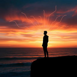 A mesmerizing and introspective scene showcasing a silhouette of a person standing on a cliff at sunset, gazing towards the vast horizon