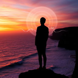 A mesmerizing and introspective scene showcasing a silhouette of a person standing on a cliff at sunset, gazing towards the vast horizon