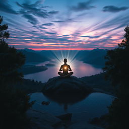 A powerful and serene image showcasing a tranquil landscape where a figure sits cross-legged on a rocky outcropping, surrounded by breathtaking natural scenery