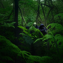 Menacing kidnappers garbed in skeleton face masks and bulletproof vests over semi-combatant attire, hiding amidst the dense foliage of a forest.