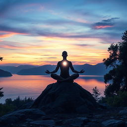 A powerful and serene image showcasing a tranquil landscape where a figure sits cross-legged on a rocky outcropping, surrounded by breathtaking natural scenery