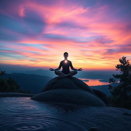A powerful and serene image showcasing a tranquil landscape where a figure sits cross-legged on a rocky outcropping, surrounded by breathtaking natural scenery