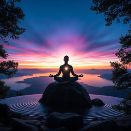 A powerful and serene image showcasing a tranquil landscape where a figure sits cross-legged on a rocky outcropping, surrounded by breathtaking natural scenery