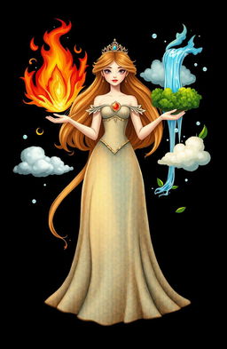 A princess with long flowing hair and a shimmering gown, gracefully controlling the four main elements: fire, water, earth, and air