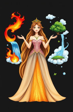 A princess with long flowing hair and a shimmering gown, gracefully controlling the four main elements: fire, water, earth, and air