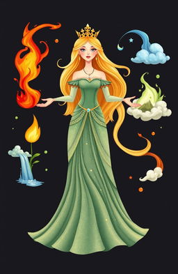 A princess with long flowing hair and a shimmering gown, gracefully controlling the four main elements: fire, water, earth, and air