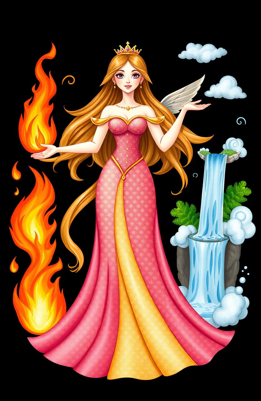 A princess with long flowing hair and a shimmering gown, gracefully controlling the four main elements: fire, water, earth, and air