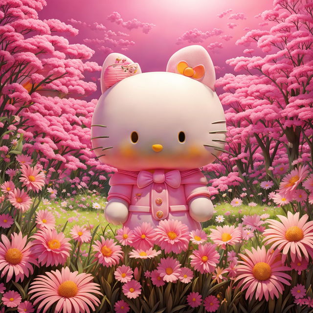 Classic Hello Kitty in a pink-hued meadow, maintaining her iconic features and charm in a soft, rosy aesthetic.