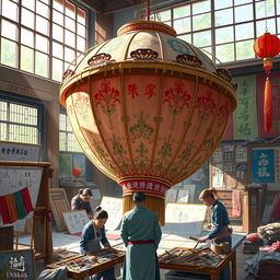 An artistic scene depicting the intricate process of creating a giant lantern in a vibrant workshop