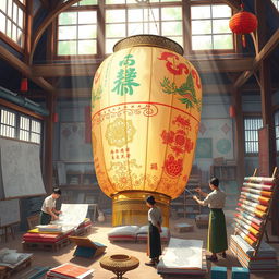 An artistic scene depicting the intricate process of creating a giant lantern in a vibrant workshop