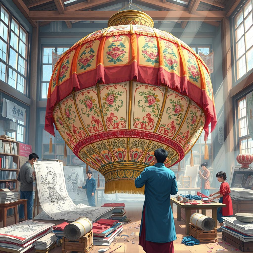 An artistic scene depicting the intricate process of creating a giant lantern in a vibrant workshop