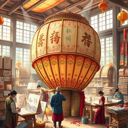 An artistic scene depicting the intricate process of creating a giant lantern in a vibrant workshop