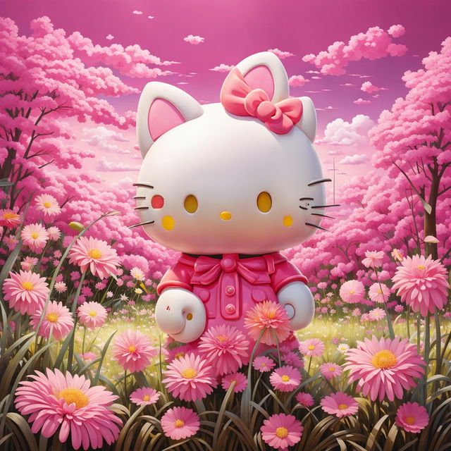 Iconic Hello Kitty in a pink-hued meadow, maintaining her classic design and charm in a soft, rosy aesthetic.