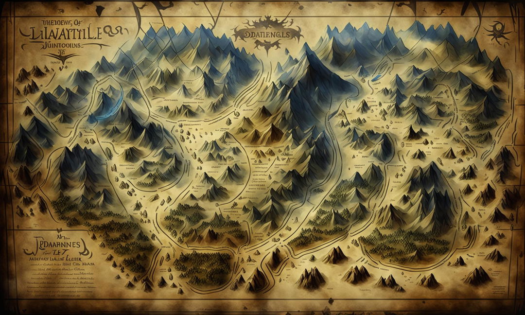 A detailed DND map featuring diverse terrains like mountains, forests, rivers, deserts and cities with points of interest like dragon's lair, ancient ruins and grand castle.