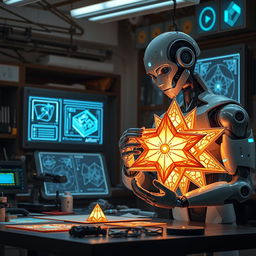 A highly advanced AI robot meticulously crafting a star-shaped lantern in a futuristic workshop filled with advanced technology