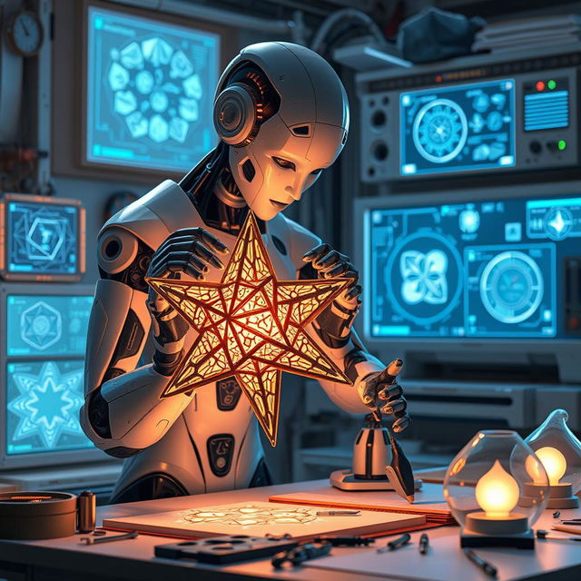 A highly advanced AI robot meticulously crafting a star-shaped lantern in a futuristic workshop filled with advanced technology