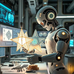 A highly advanced AI robot meticulously crafting a star-shaped lantern in a futuristic workshop filled with advanced technology