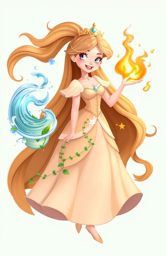 A princess with flowing hair and a beautiful dress, gracefully controlling the four main elements: fire, water, earth, and air