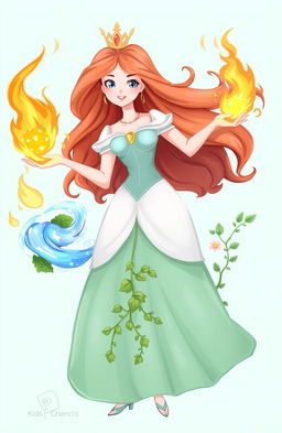 A princess with flowing hair and a beautiful dress, gracefully controlling the four main elements: fire, water, earth, and air