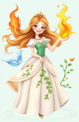 A princess with flowing hair and a beautiful dress, gracefully controlling the four main elements: fire, water, earth, and air
