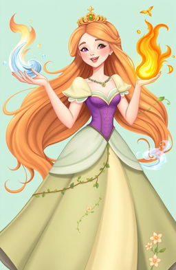A princess with flowing hair and a beautiful dress, gracefully controlling the four main elements: fire, water, earth, and air