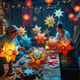 A beautifully detailed scene depicting traditional artisans engaging in the age-old craft of making star lanterns using time-honored techniques