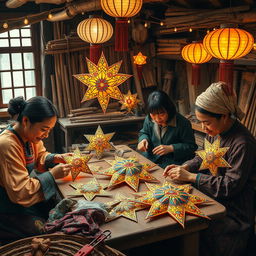 A beautifully detailed scene depicting traditional artisans engaging in the age-old craft of making star lanterns using time-honored techniques