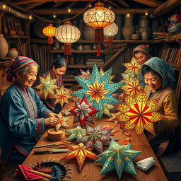 A beautifully detailed scene depicting traditional artisans engaging in the age-old craft of making star lanterns using time-honored techniques