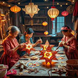 A beautifully detailed scene depicting traditional artisans engaging in the age-old craft of making star lanterns using time-honored techniques