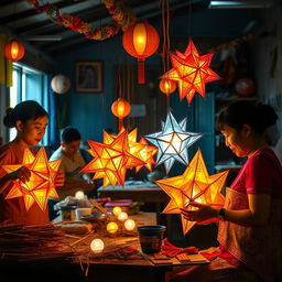 A heartfelt scene showcasing traditional Filipino artisans engaged in the making of 'paról', the iconic star lantern, in a culturally rich workshop