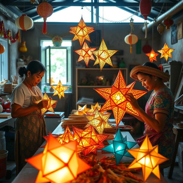 A heartfelt scene showcasing traditional Filipino artisans engaged in the making of 'paról', the iconic star lantern, in a culturally rich workshop