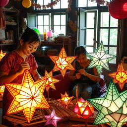 A heartfelt scene showcasing traditional Filipino artisans engaged in the making of 'paról', the iconic star lantern, in a culturally rich workshop
