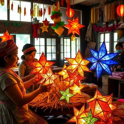 A heartfelt scene showcasing traditional Filipino artisans engaged in the making of 'paról', the iconic star lantern, in a culturally rich workshop