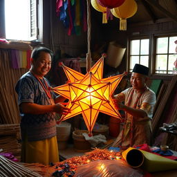 A vibrant scene showcasing traditional Filipino men engaged in the time-honored craft of making 'paról', the iconic star lantern