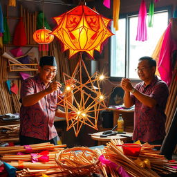A vibrant scene showcasing traditional Filipino men engaged in the time-honored craft of making 'paról', the iconic star lantern