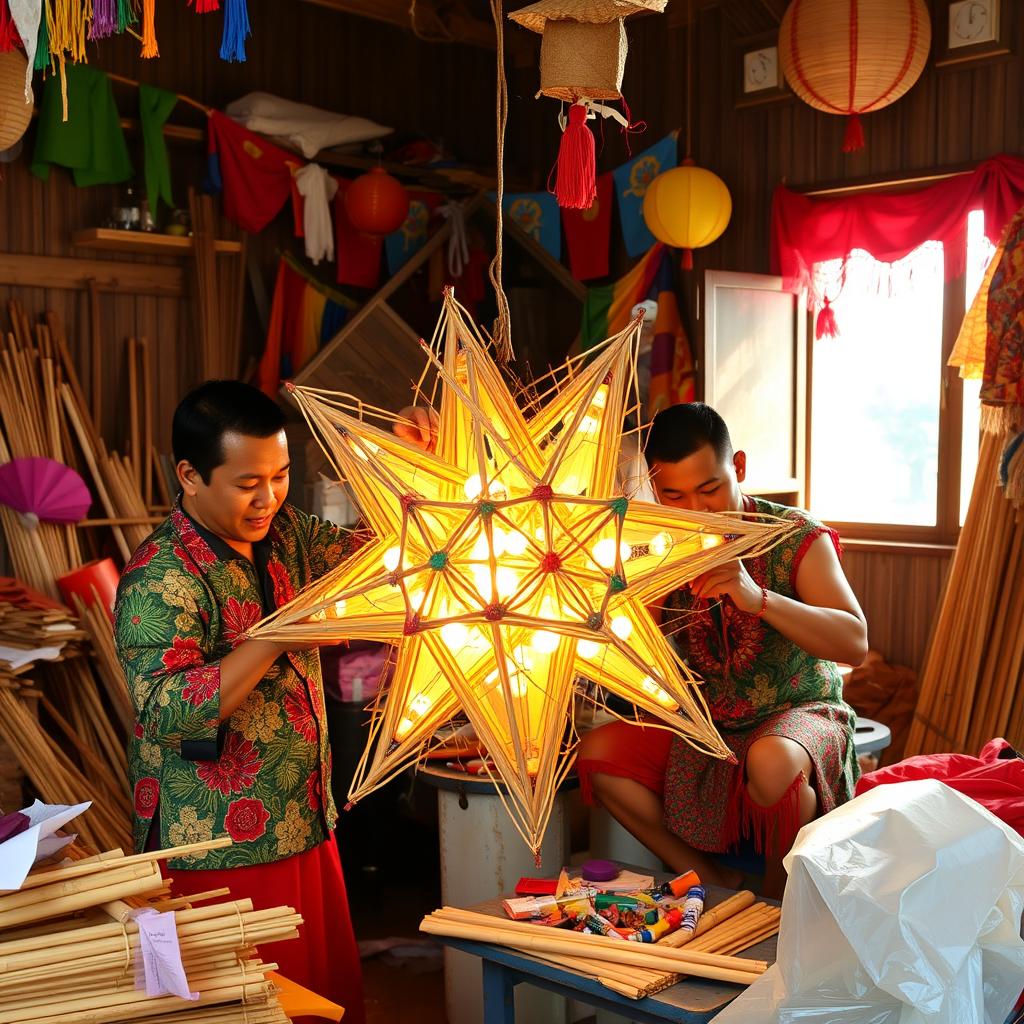 A vibrant scene showcasing traditional Filipino men engaged in the time-honored craft of making 'paról', the iconic star lantern