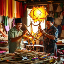 A vibrant scene showcasing traditional Filipino men engaged in the time-honored craft of making 'paról', the iconic star lantern